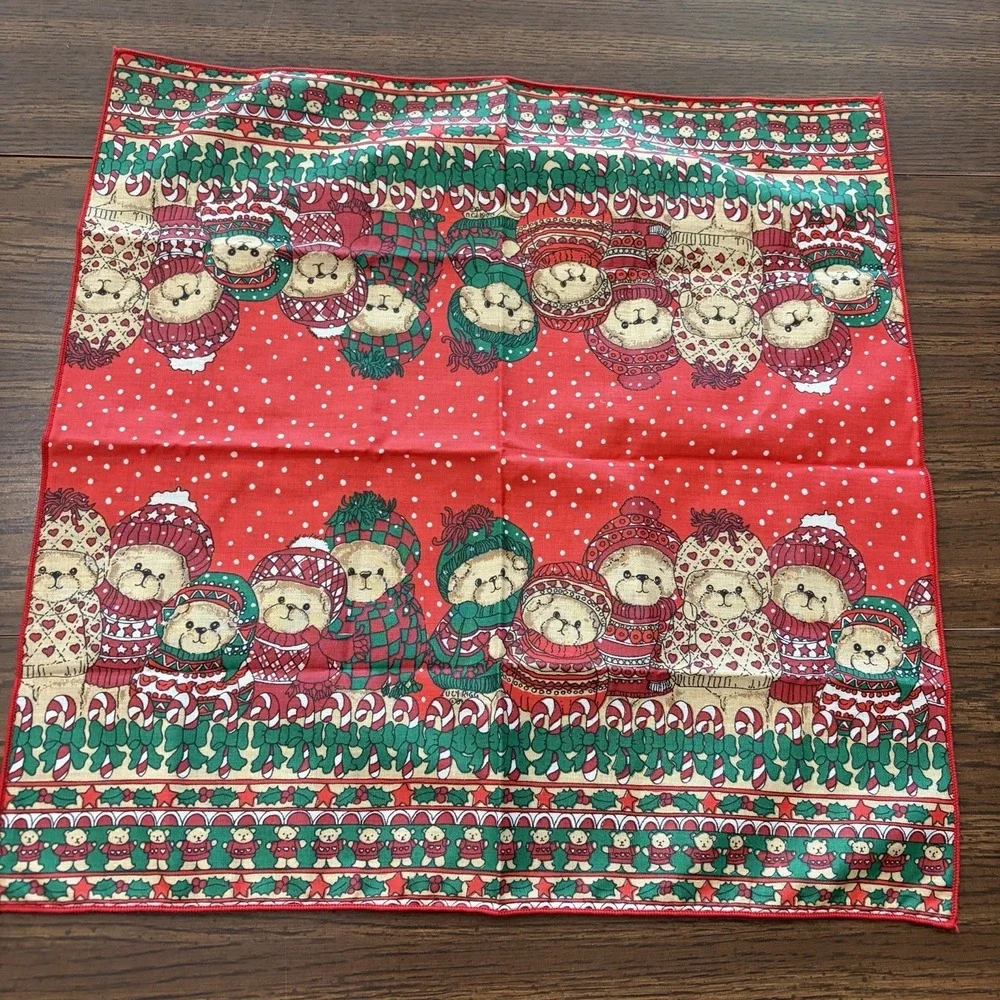Vintage Christmas Napkins Set Of 3 Teddy Bear Cloth Table Linens 80s 90s